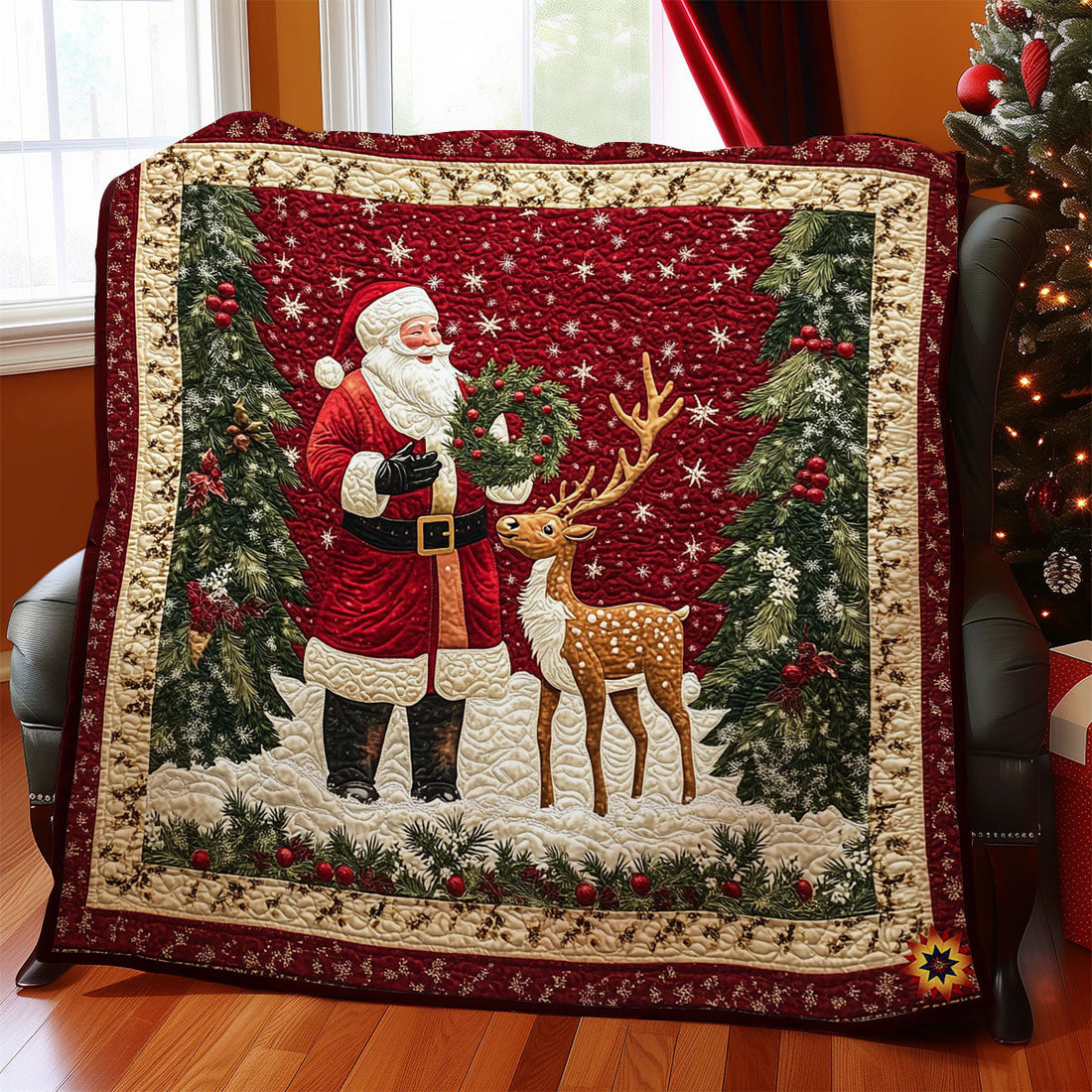 Santa And Sika Deer Quilt Blanket