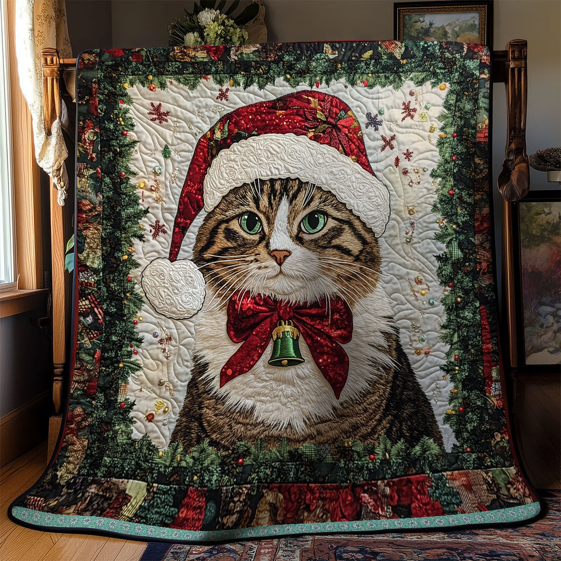 Cat Portrait Christmas Quilt Blanket
