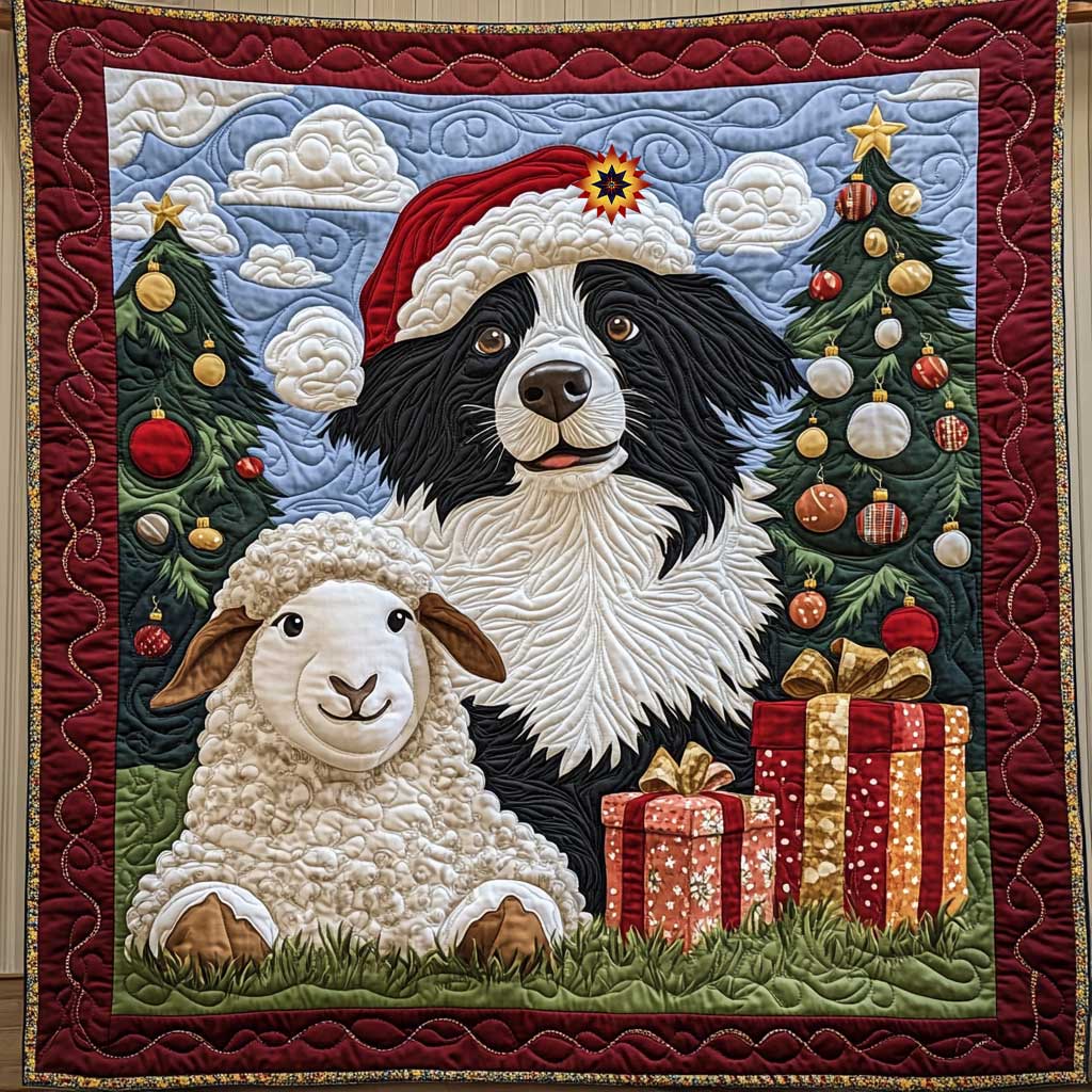 Border Collie Sheep Christmas Quilt Blanket