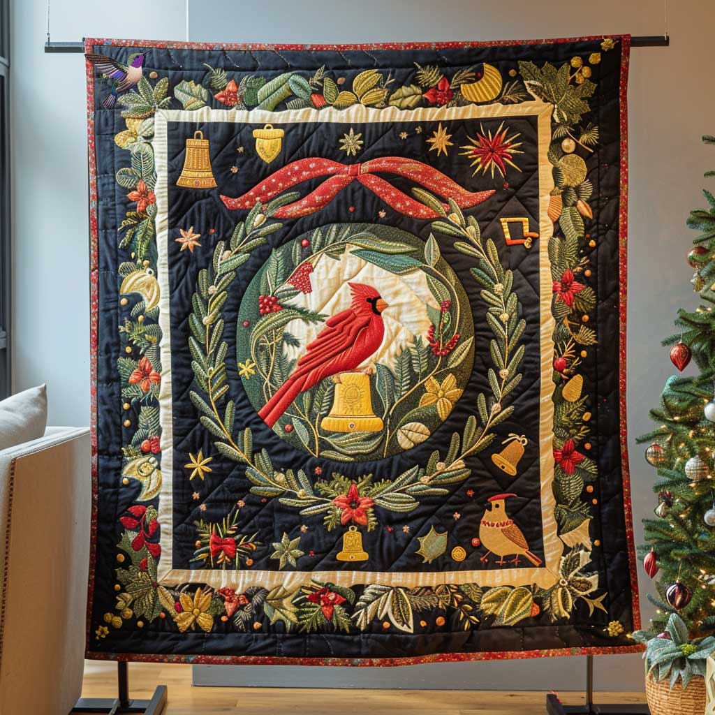 Christmas Bell Cardinal Holiday Cheer Quilt Blanket