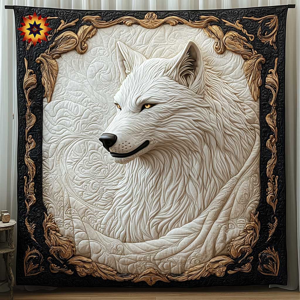 White Majestic Wolf Quilt Blanket