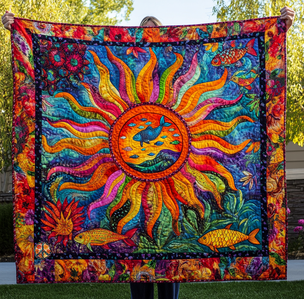 Colorful Sun And Fish Quilt Blanket