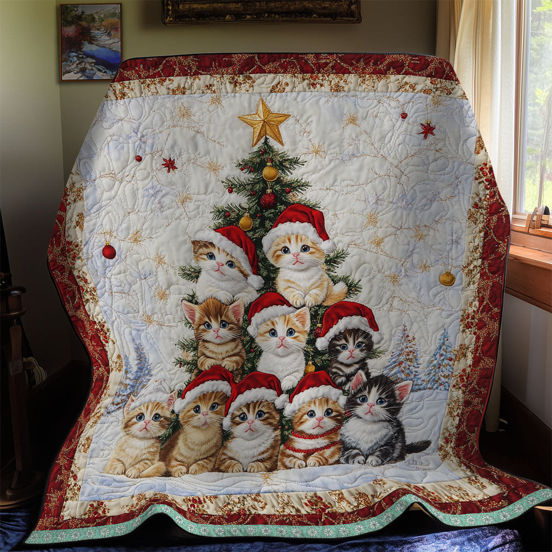Adorable Cat Christmas Quilt Blanket