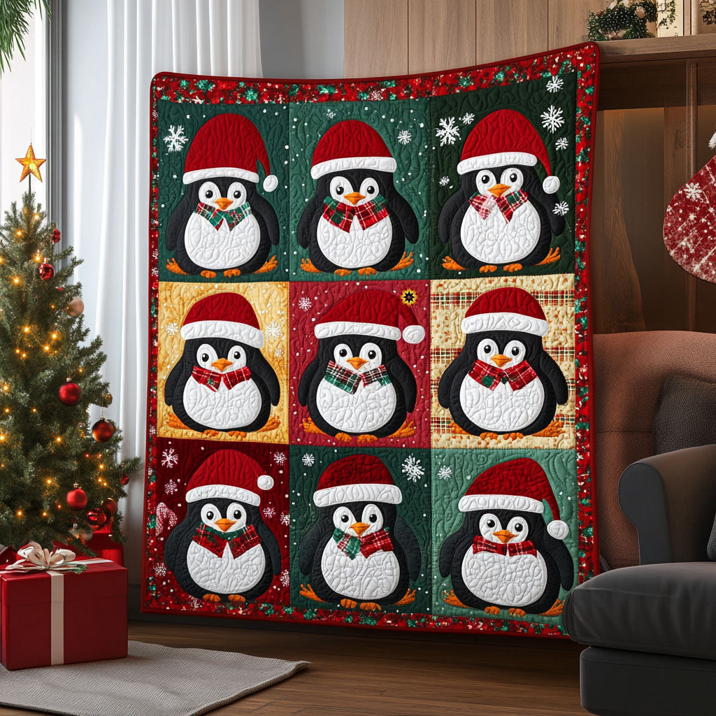 Christmas Penguin Snowy Evening Quilt Blanket