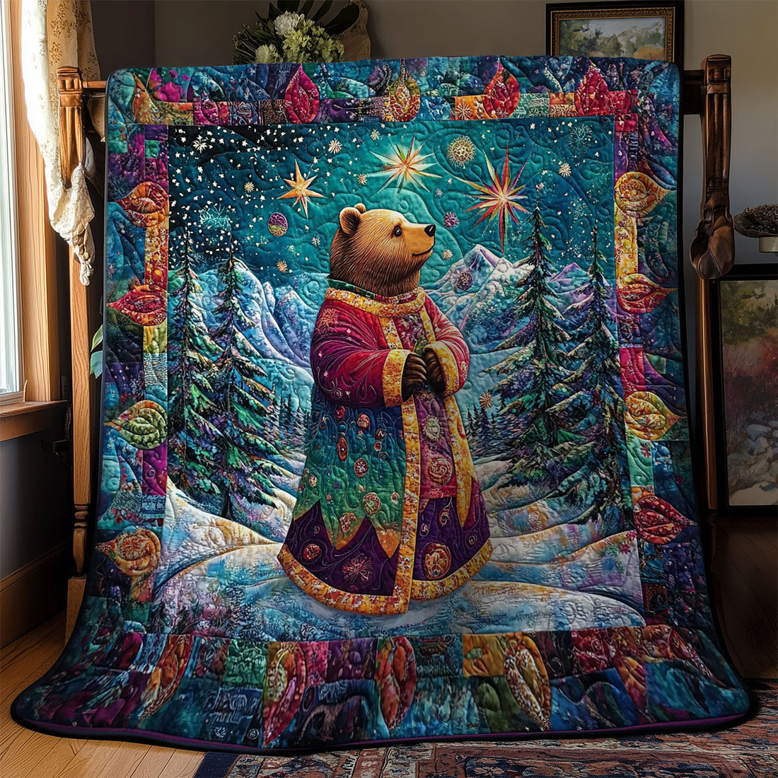 Bear In Winter Forest Quilt Blanket