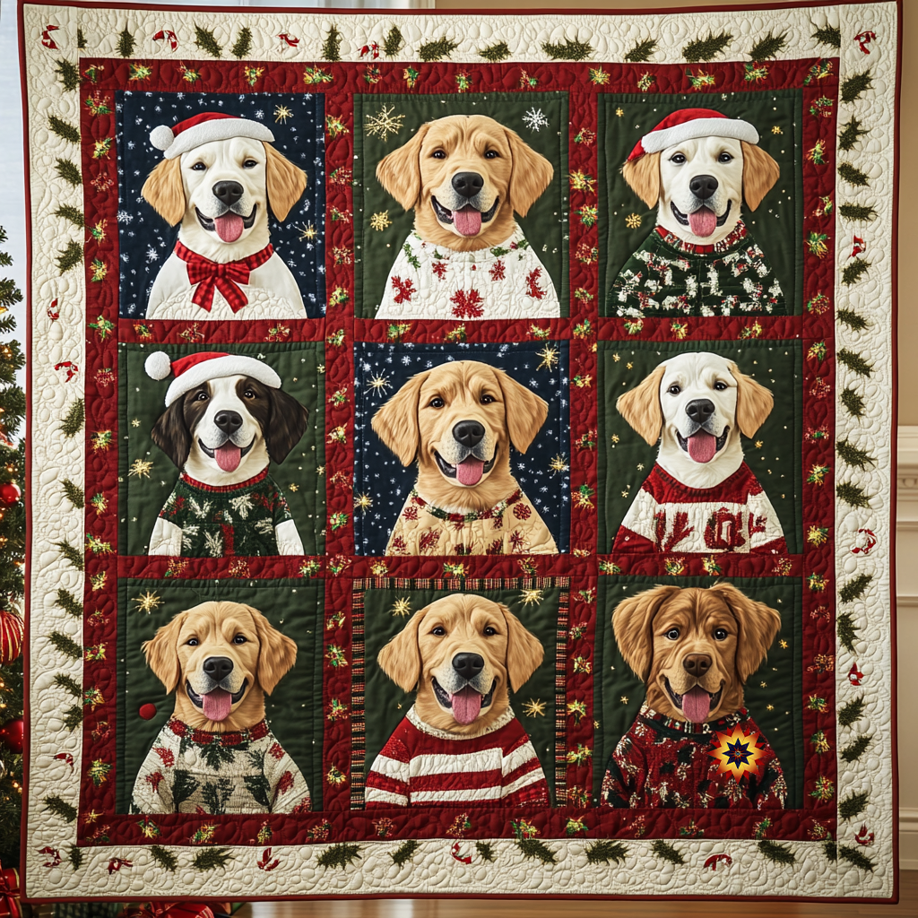 Adorable Golden Retrievers Christmas Quilt Blanket