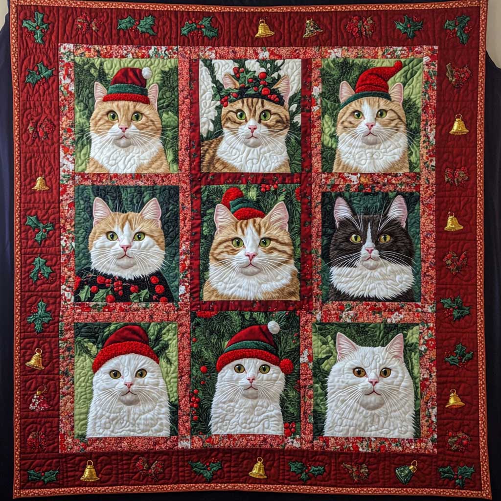 Cat Christmas Santa Hat Quilt Blanket