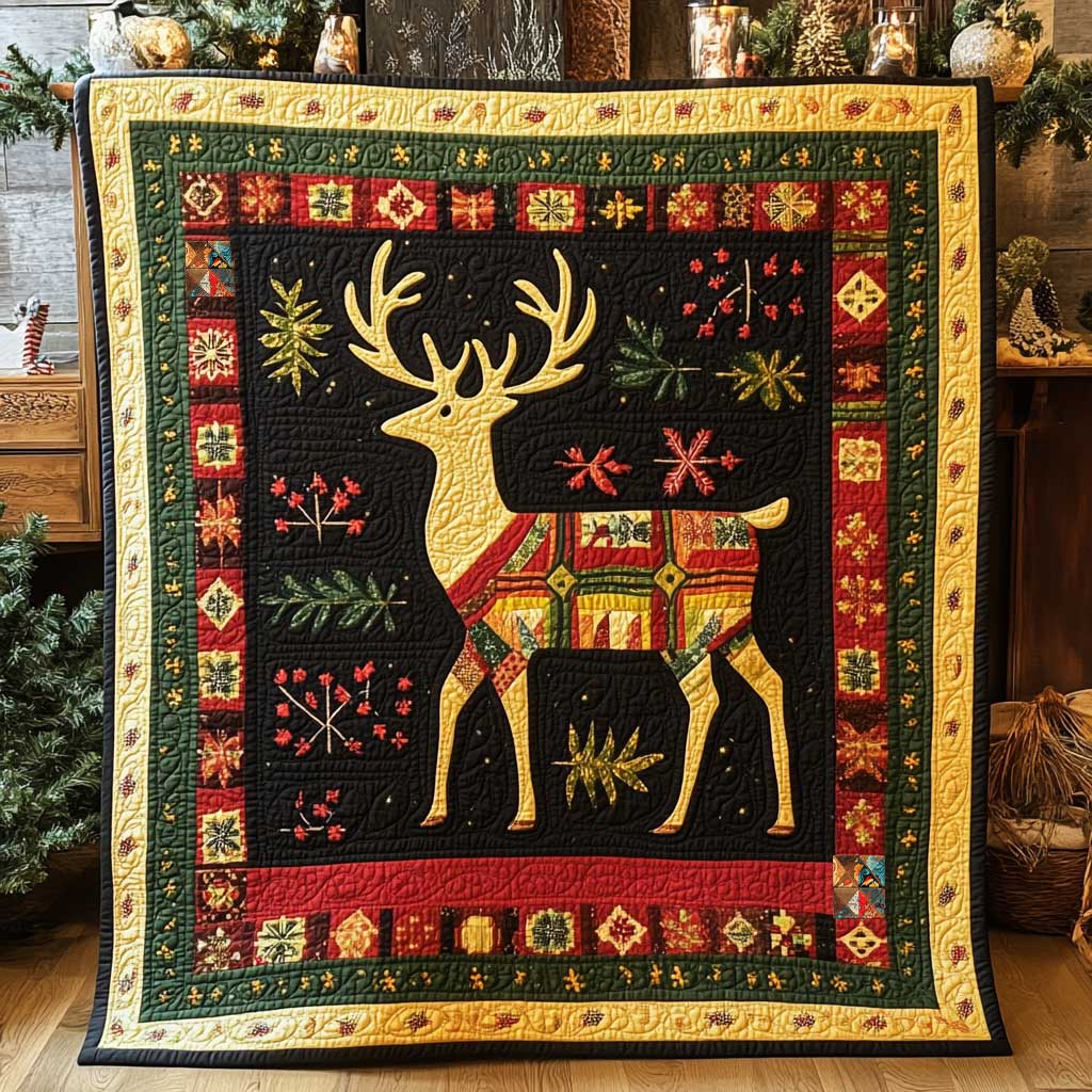 Reindeer Amish Style Christmas Quilt Blanket