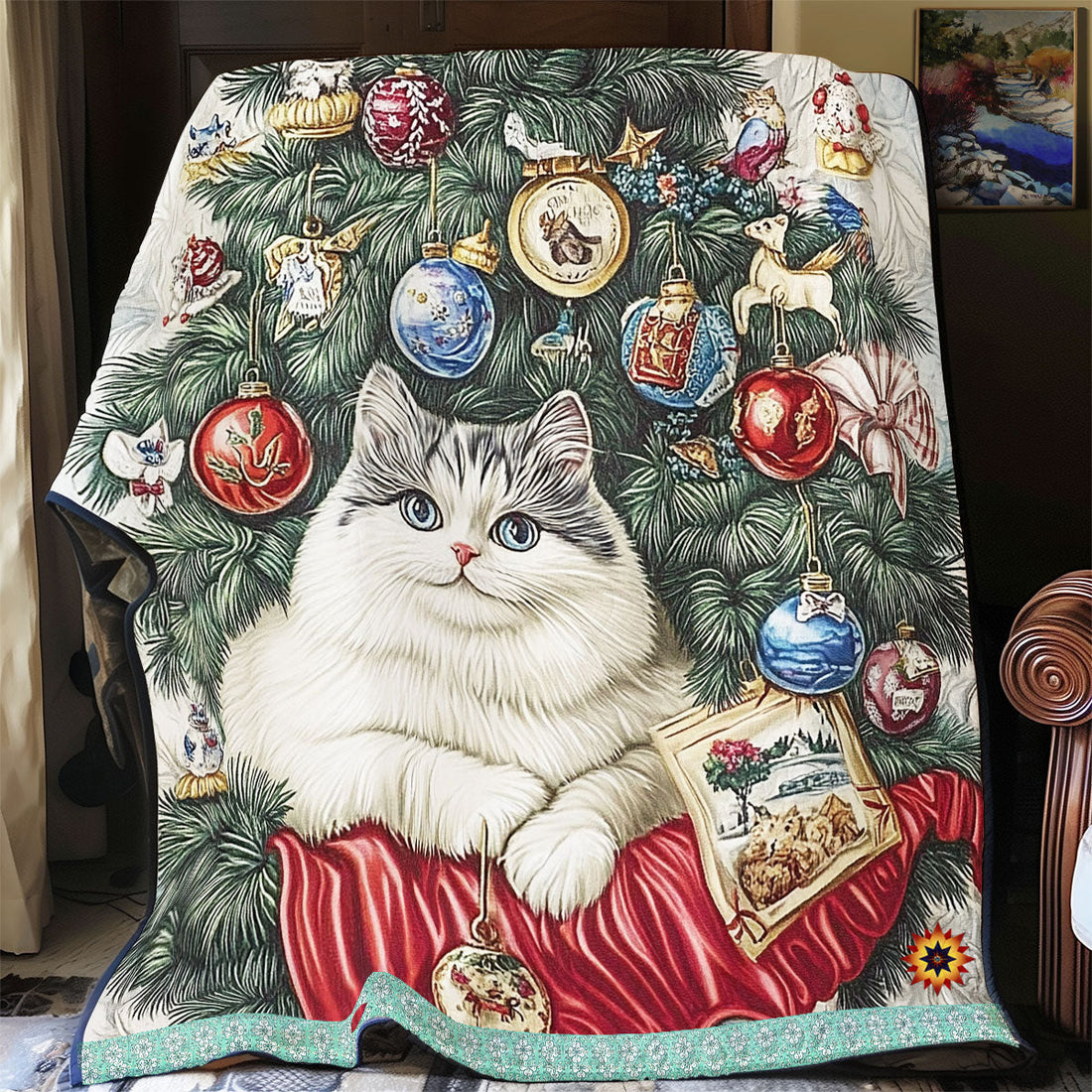 Cat Under The Christmas Tree Quilt Blanket