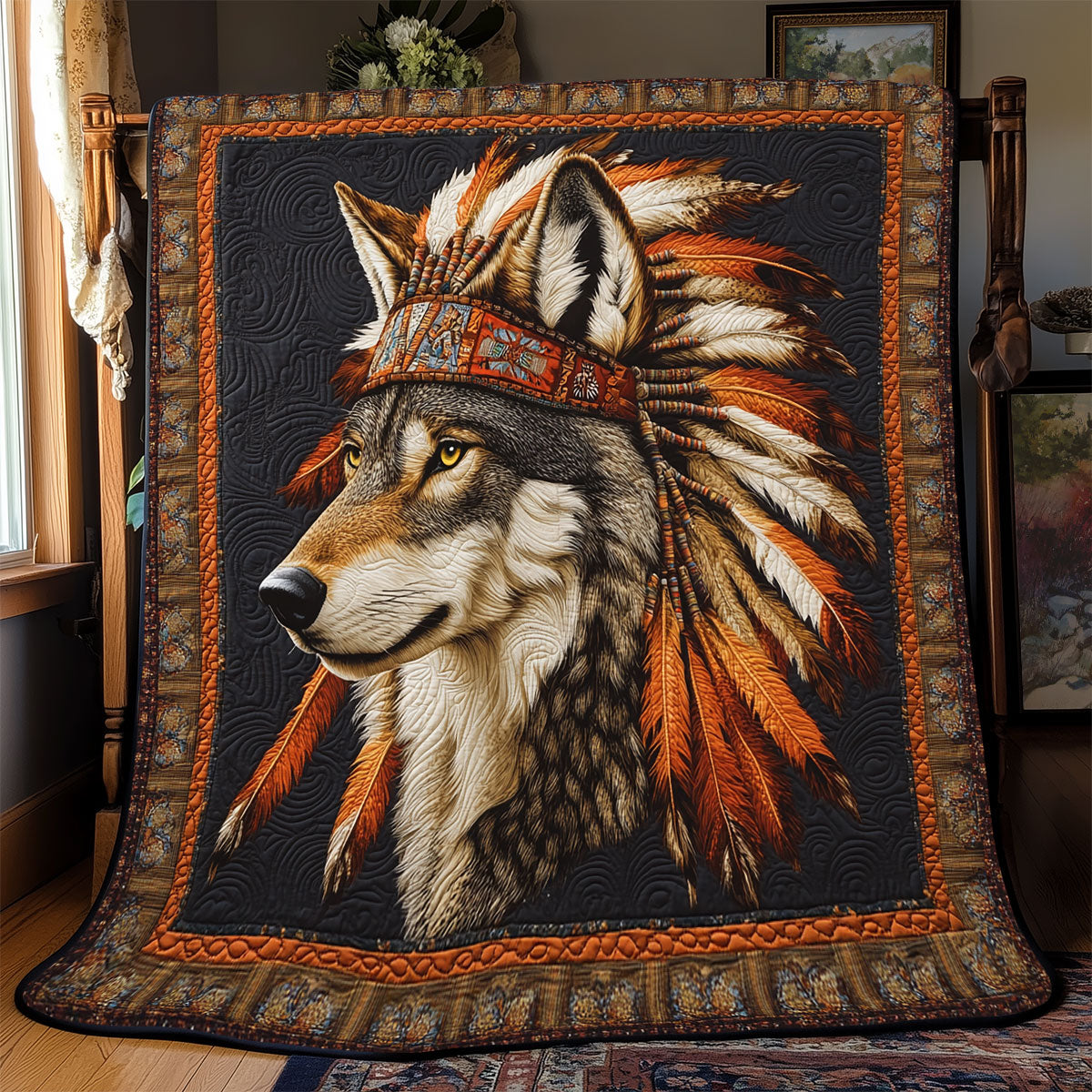Wolf Native American Serene Escape Quilt Blanket