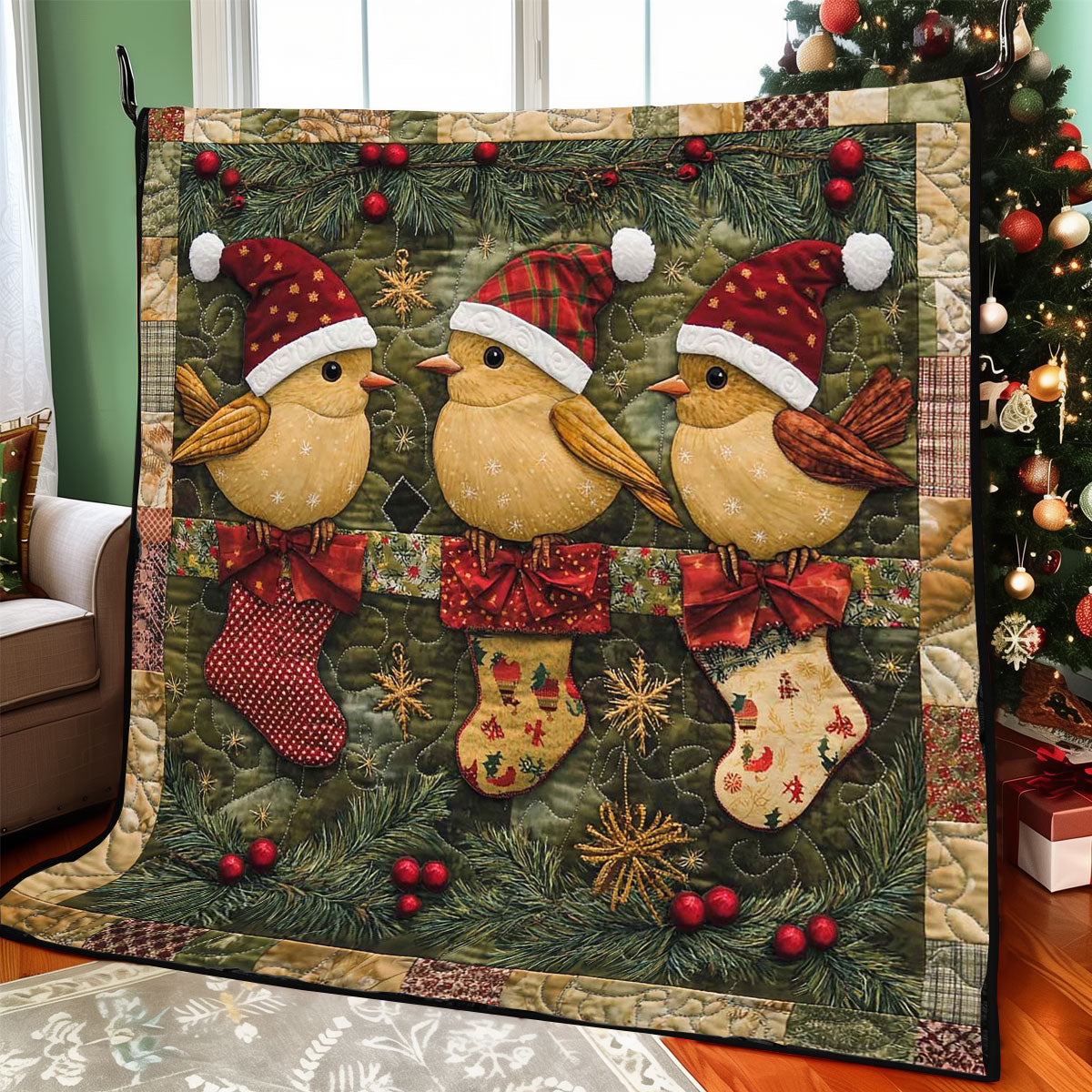Christmas Bird Snowy Evening Quilt Blanket