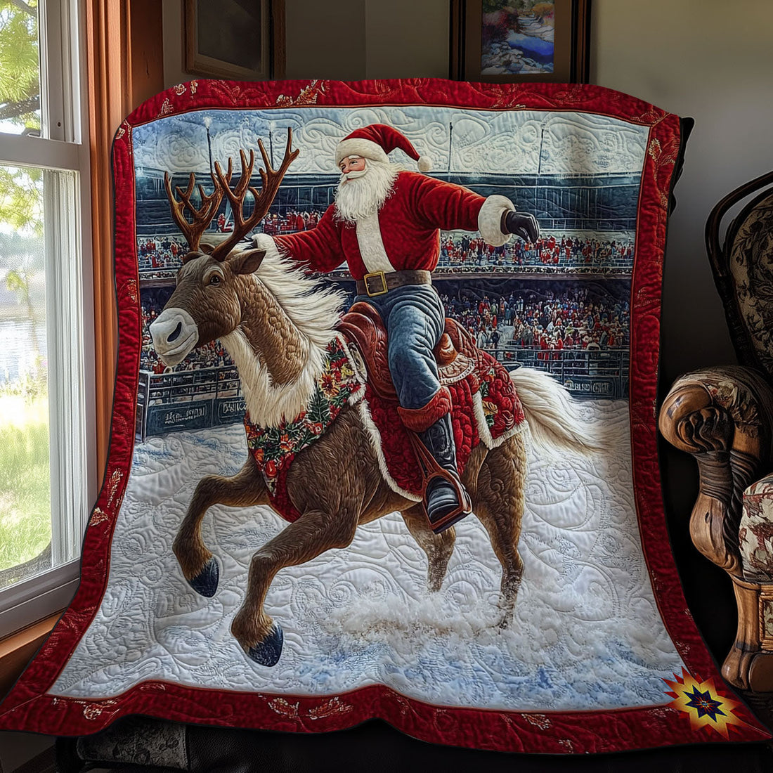 Santa Riding Reindeer Quilt Blanket