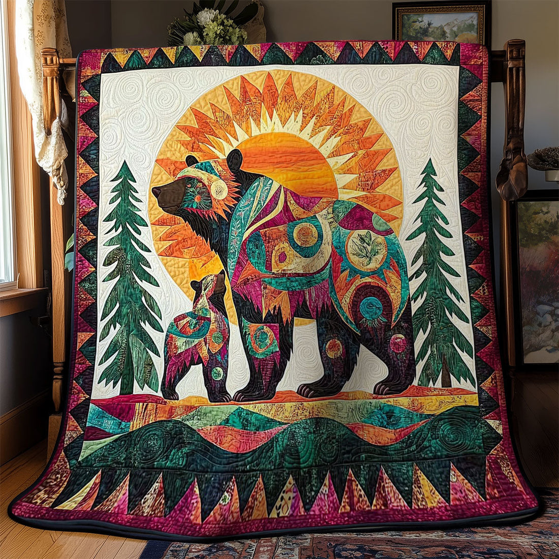 Bear Family In Forest Quilt Blanket