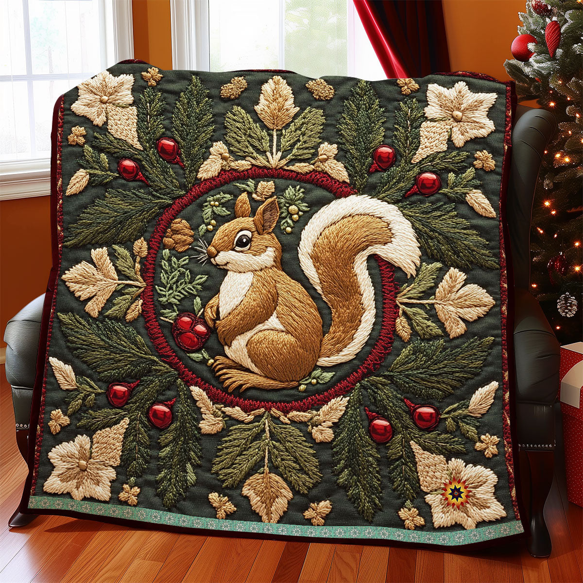 Christmas Bauble Squirrel Snowy Evening Quilt Blanket