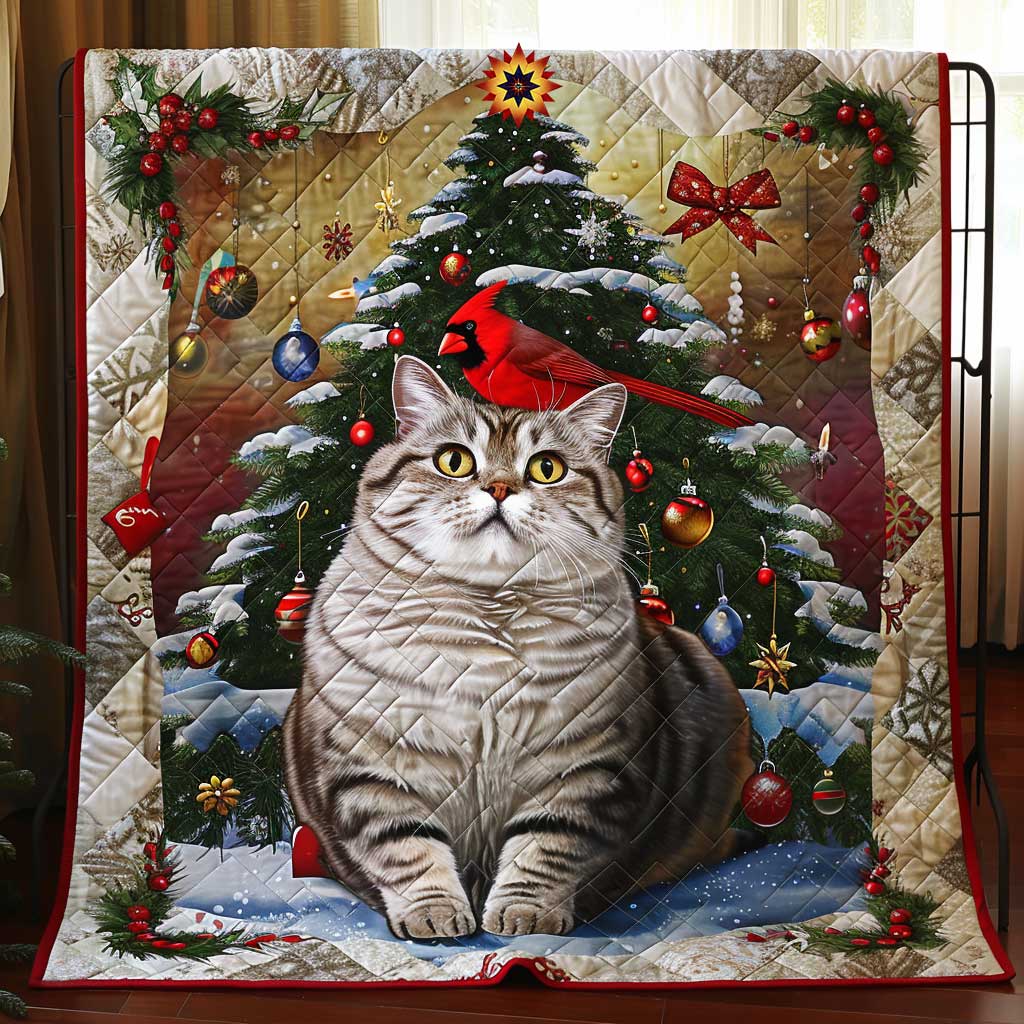 British Cat And Cardinal Christmas Quilt Blanket