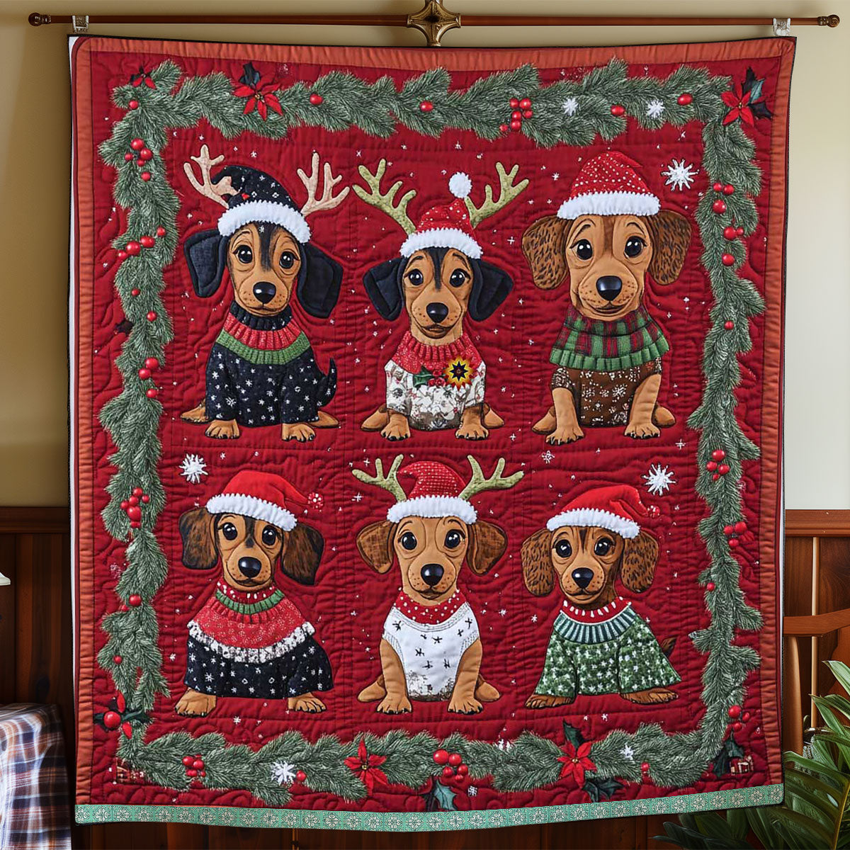 Dachshund Reindeer Christmas Quilt Blanket