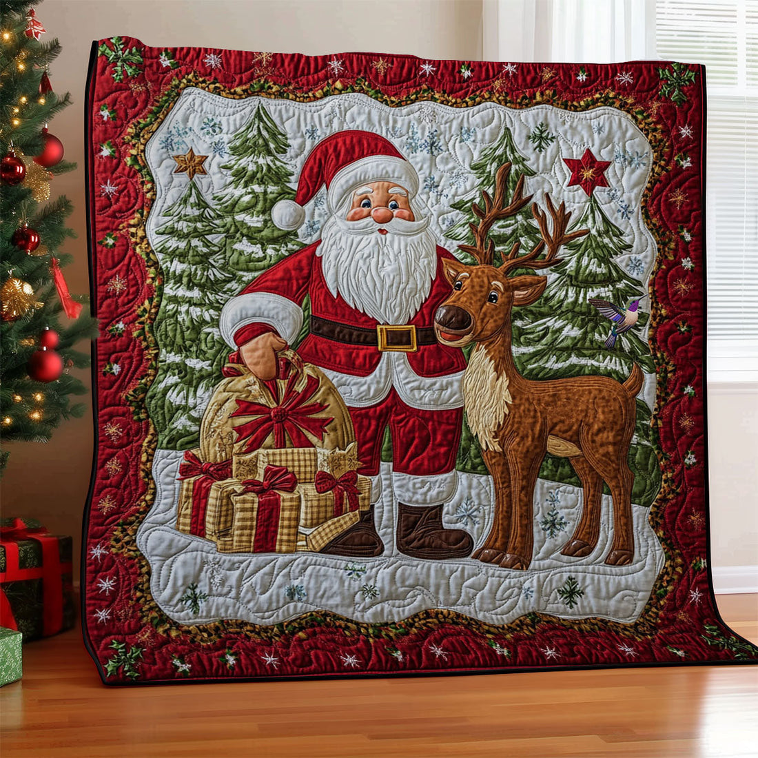 Santa Claus And Reindeer Quilt Blanket