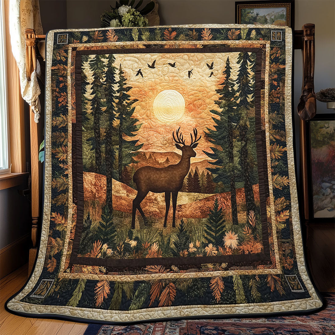 Deer In Sunset Quilt Blanket