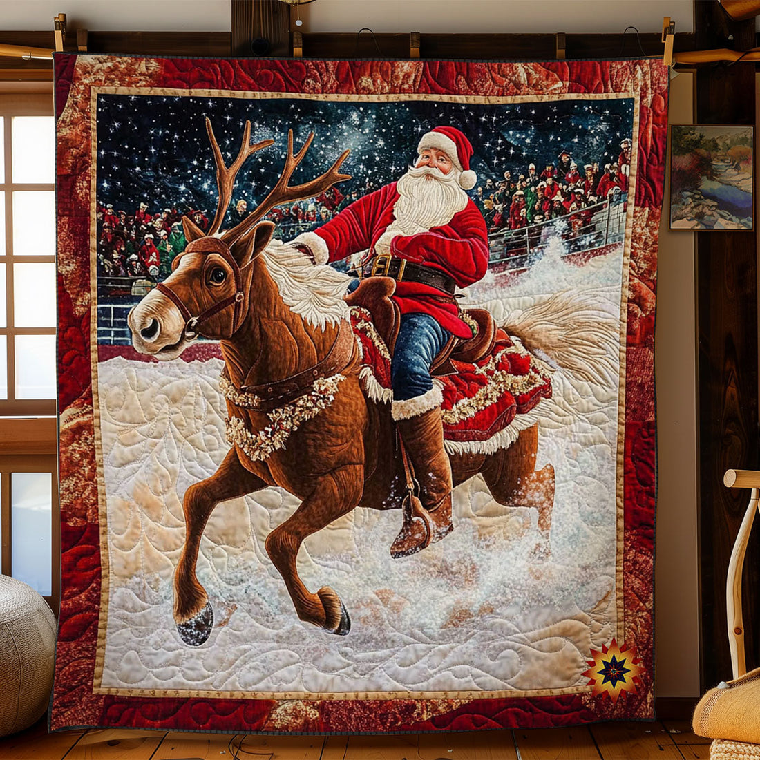 Santa Claus Riding Reindeer Quilt Blanket