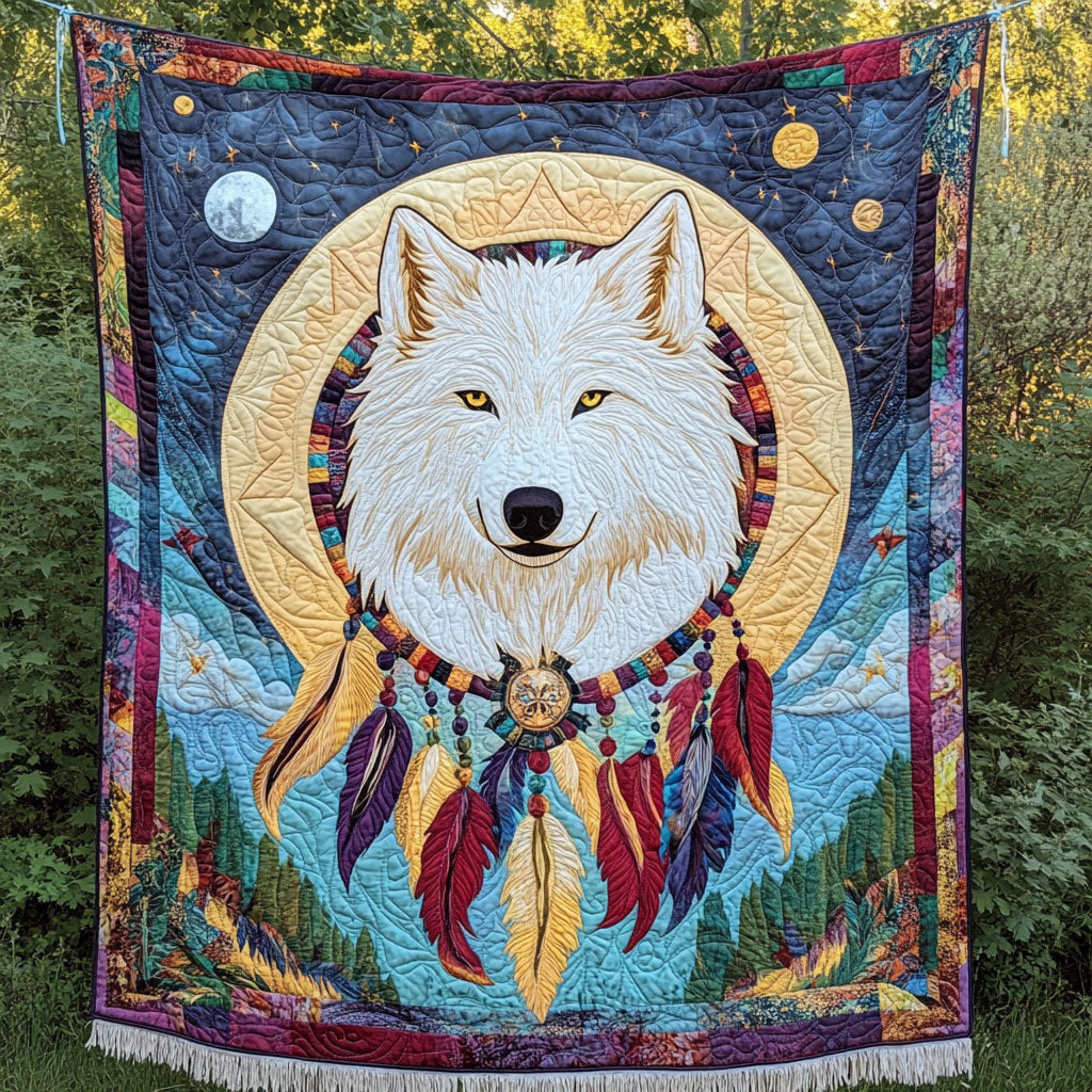 White Wolf Dreamcatcher Quilt Blanket