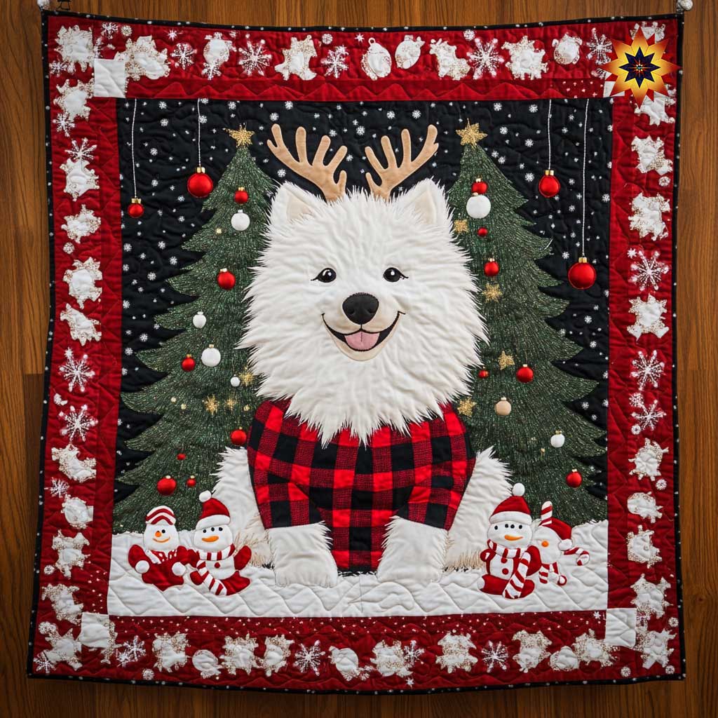 Samoyed Reindeer Fun Quilt Blanket
