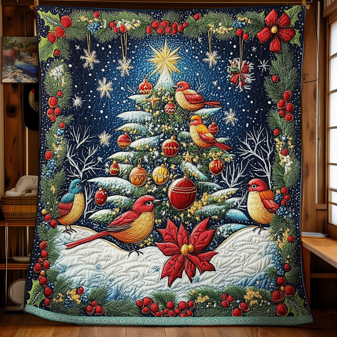 Bird Christmas Colorful Quilt Blanket