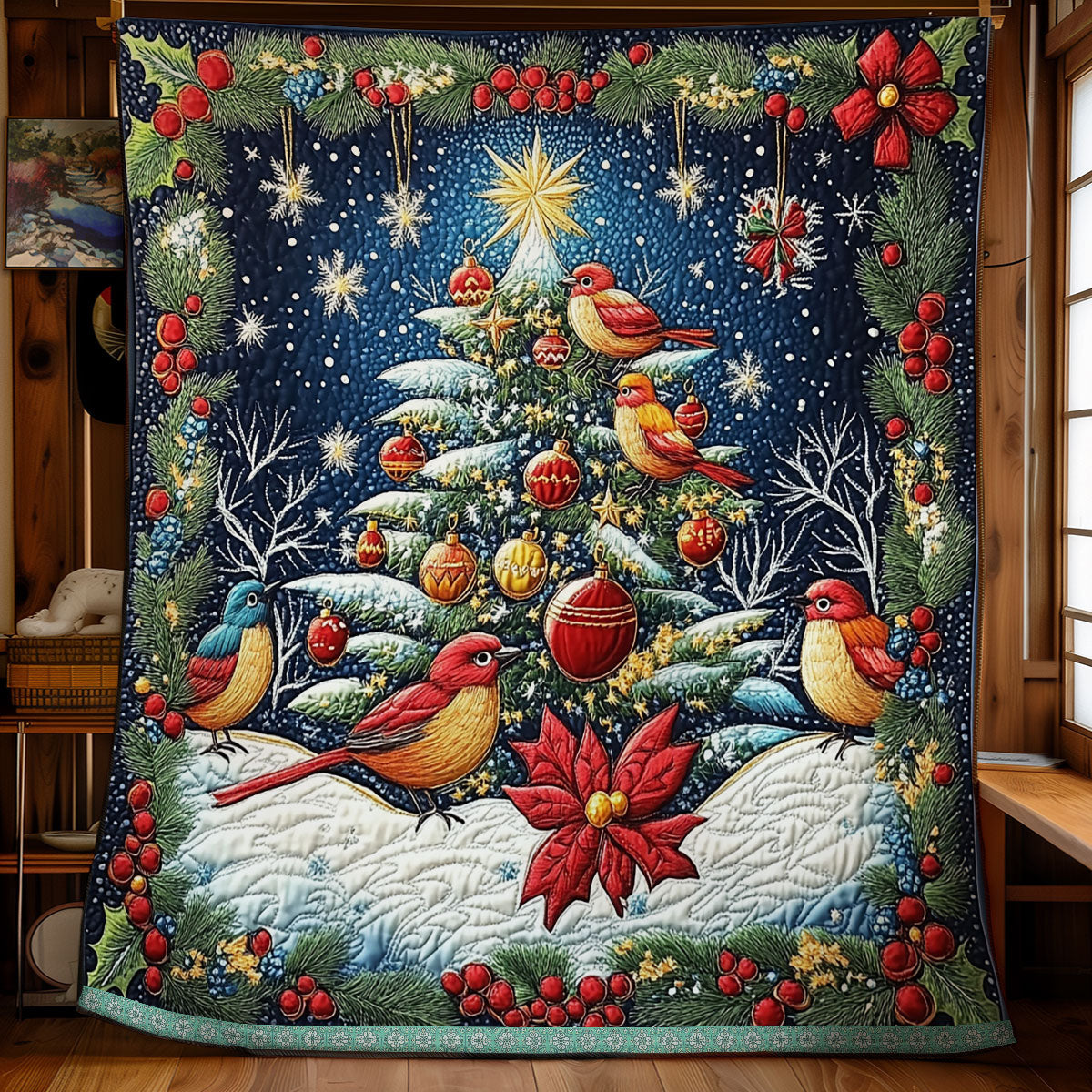 Bird Christmas Colorful Quilt Blanket