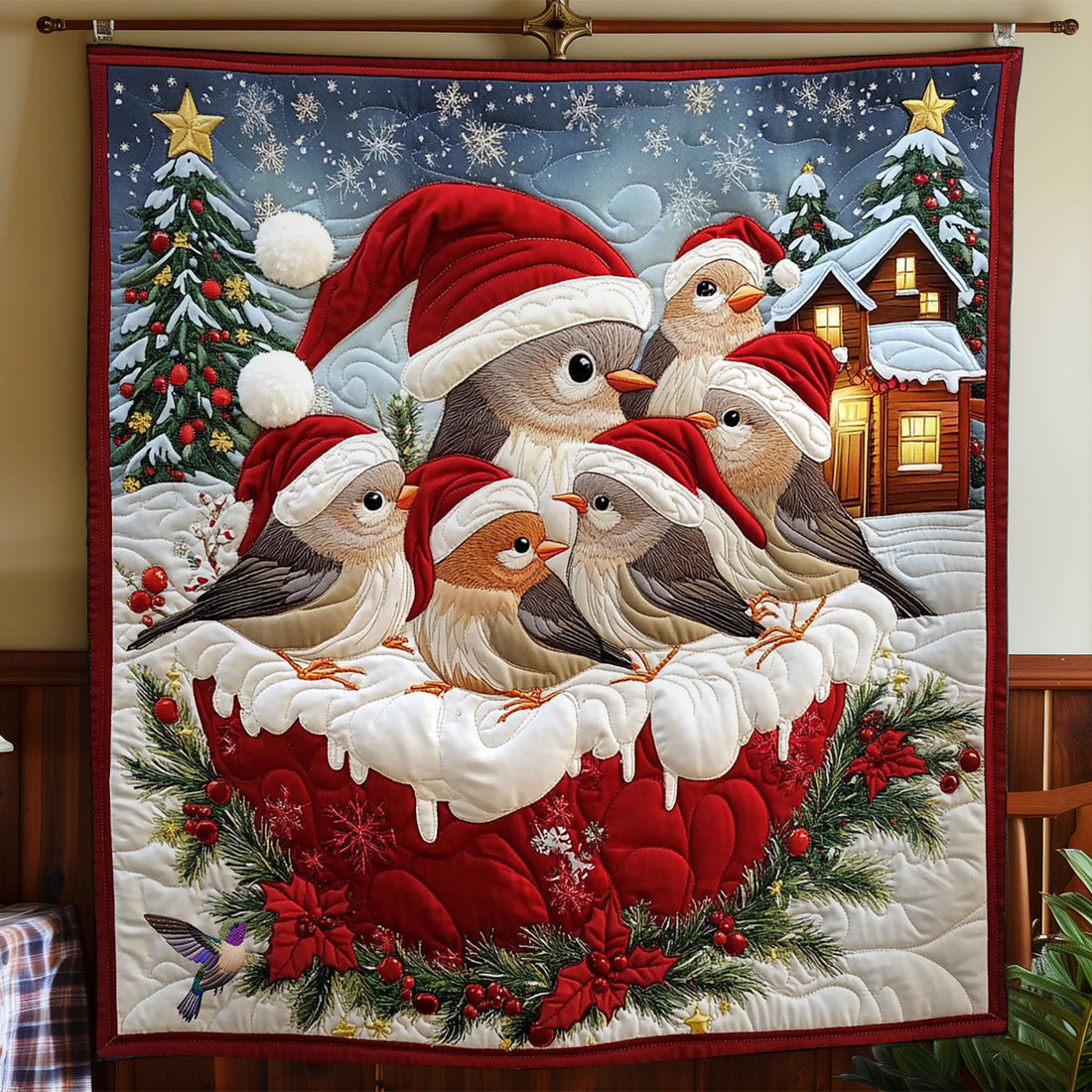 Christmas Bird Family Quilt Blanket