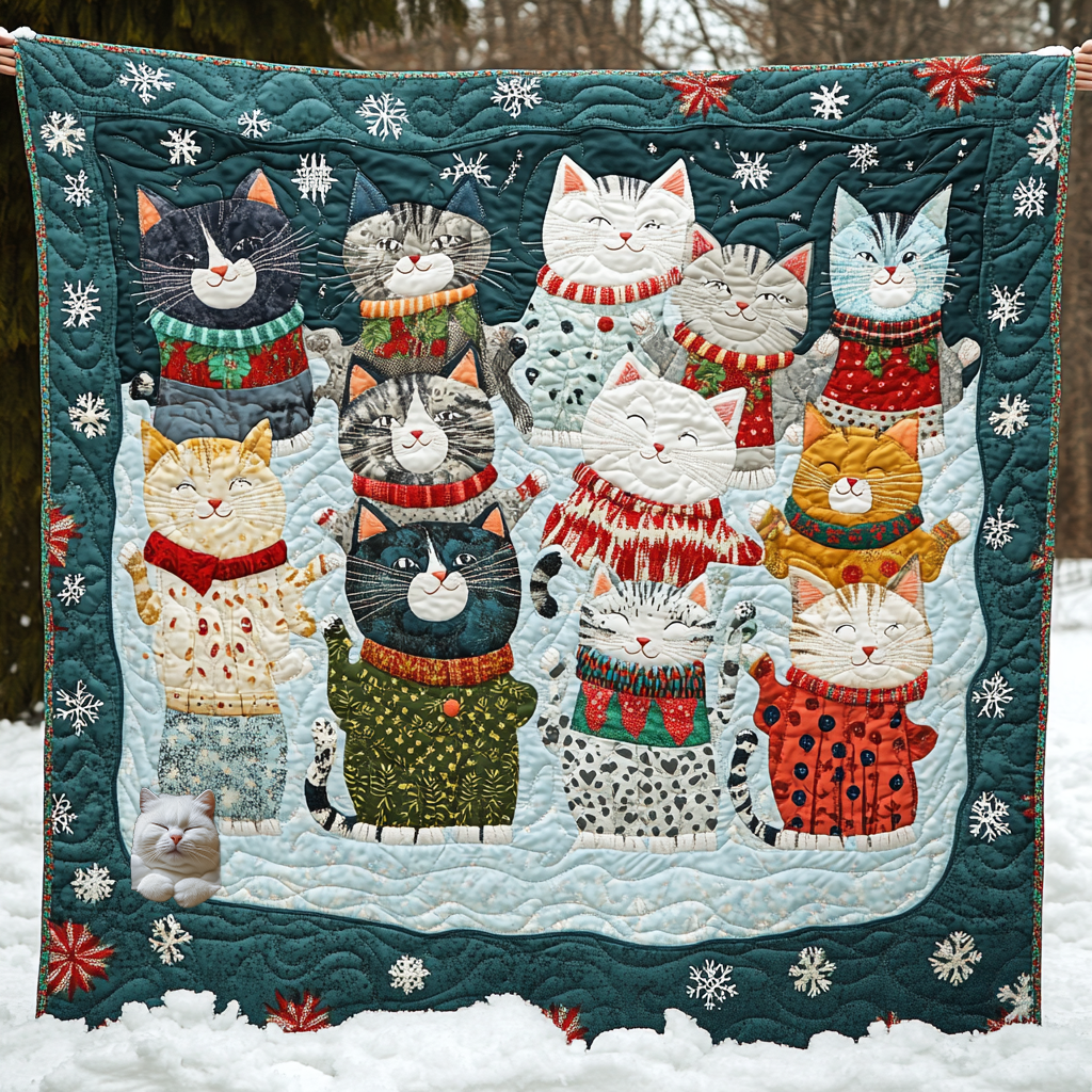 Cat Merry Christmas Winter Wonderland Quilt Blanket