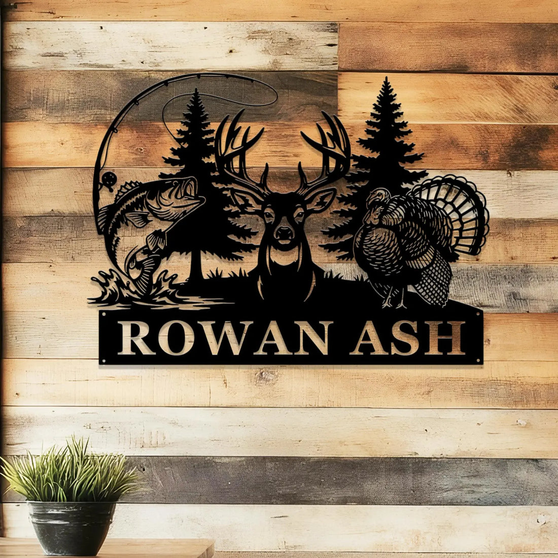 Personalized Bowhunting with Name, Deer Turkey & Bass Fishing Metal Art Decor, Gift for Hunter