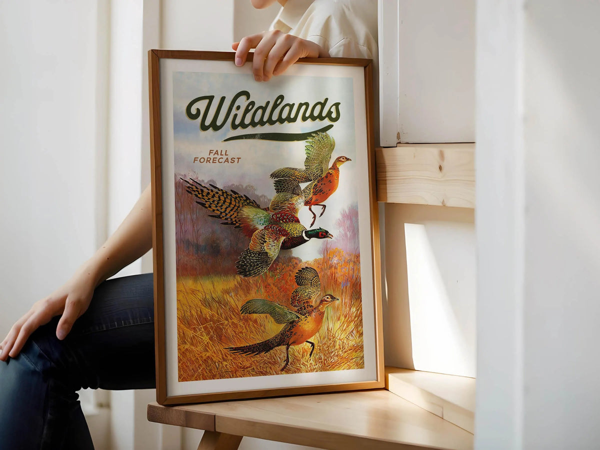 Field Hunting Print Retro Vintage Wildlands Canvas Poster - Fall Forecast with Pheasants Gift