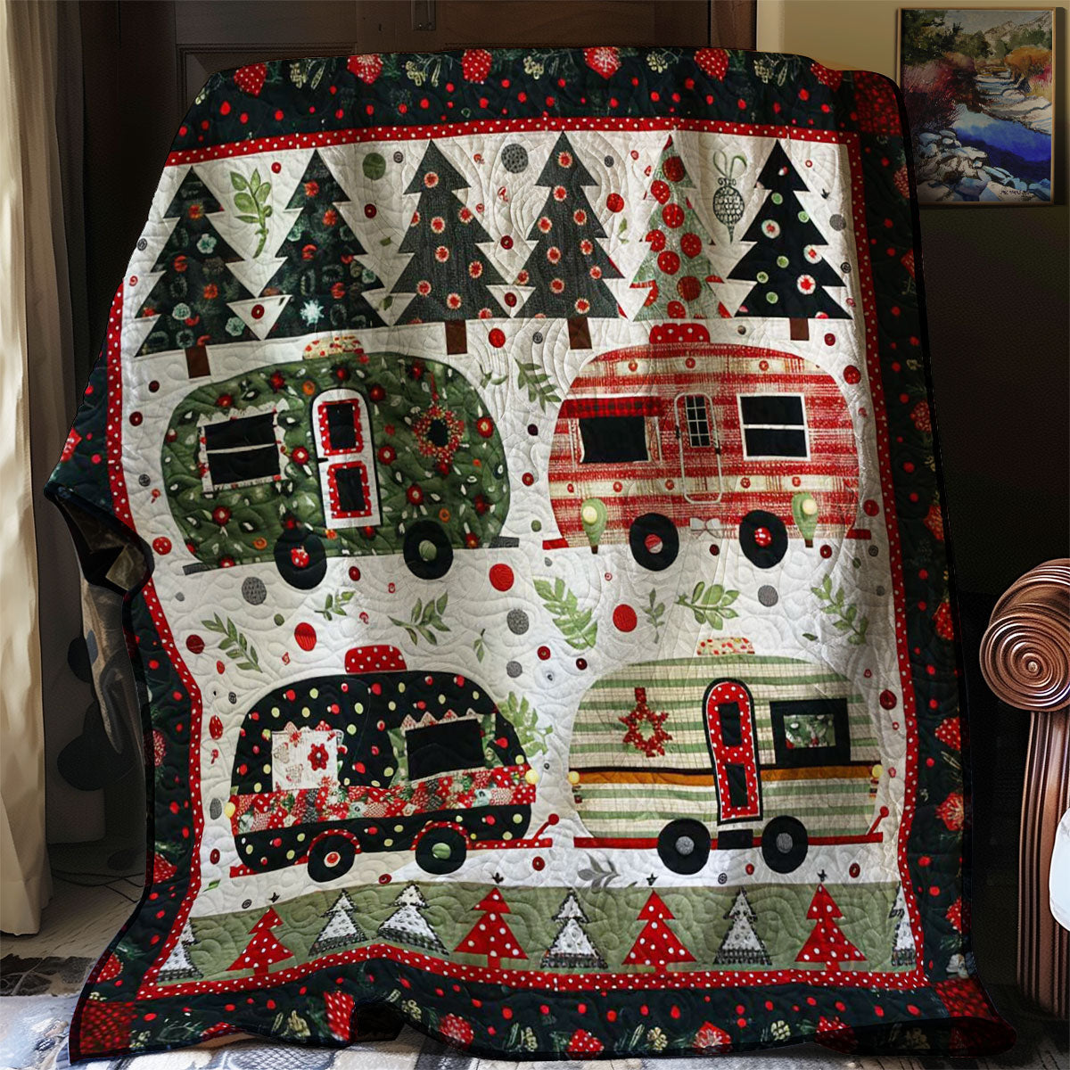 Christmas Camper Van Snowy Evening Quilt Blanket
