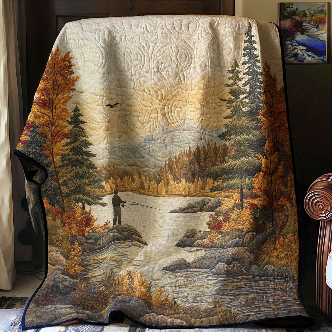 Fishing Casting Into The Mist Woodland Comfort Quilt Blanket